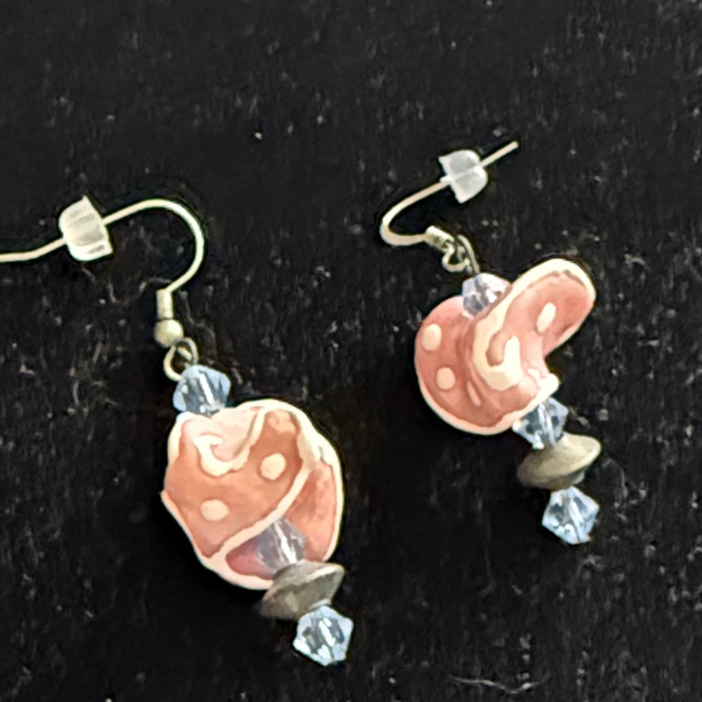 Pink blown glass polka dots and blue crystal pierced earrings